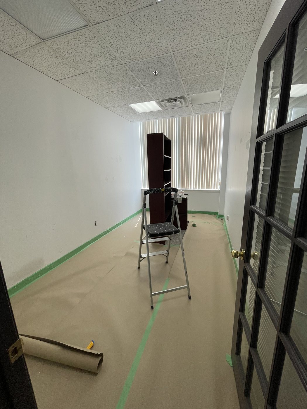 Commercial office masked and prepped before painting by TrueCoat Painting