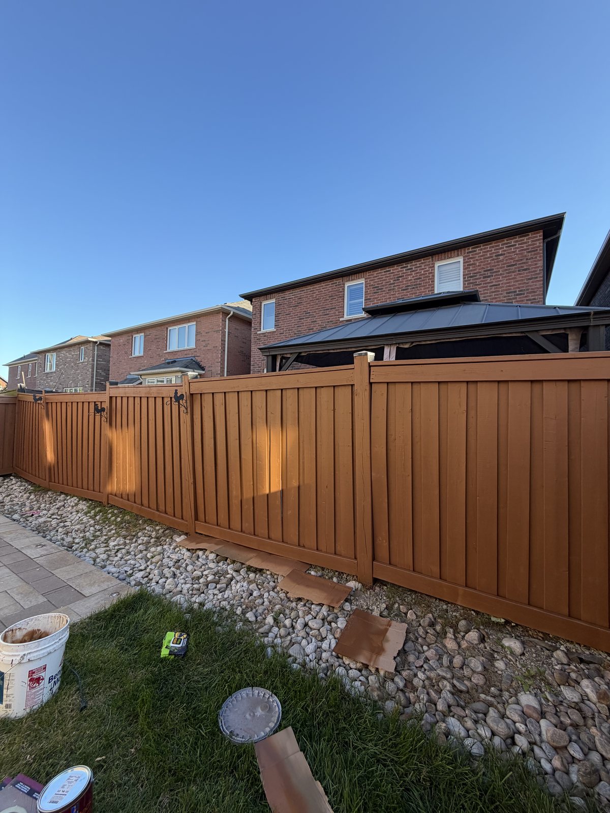 Backyard fence freshly stained a rich brown by TrueCoat Painting in Brampton